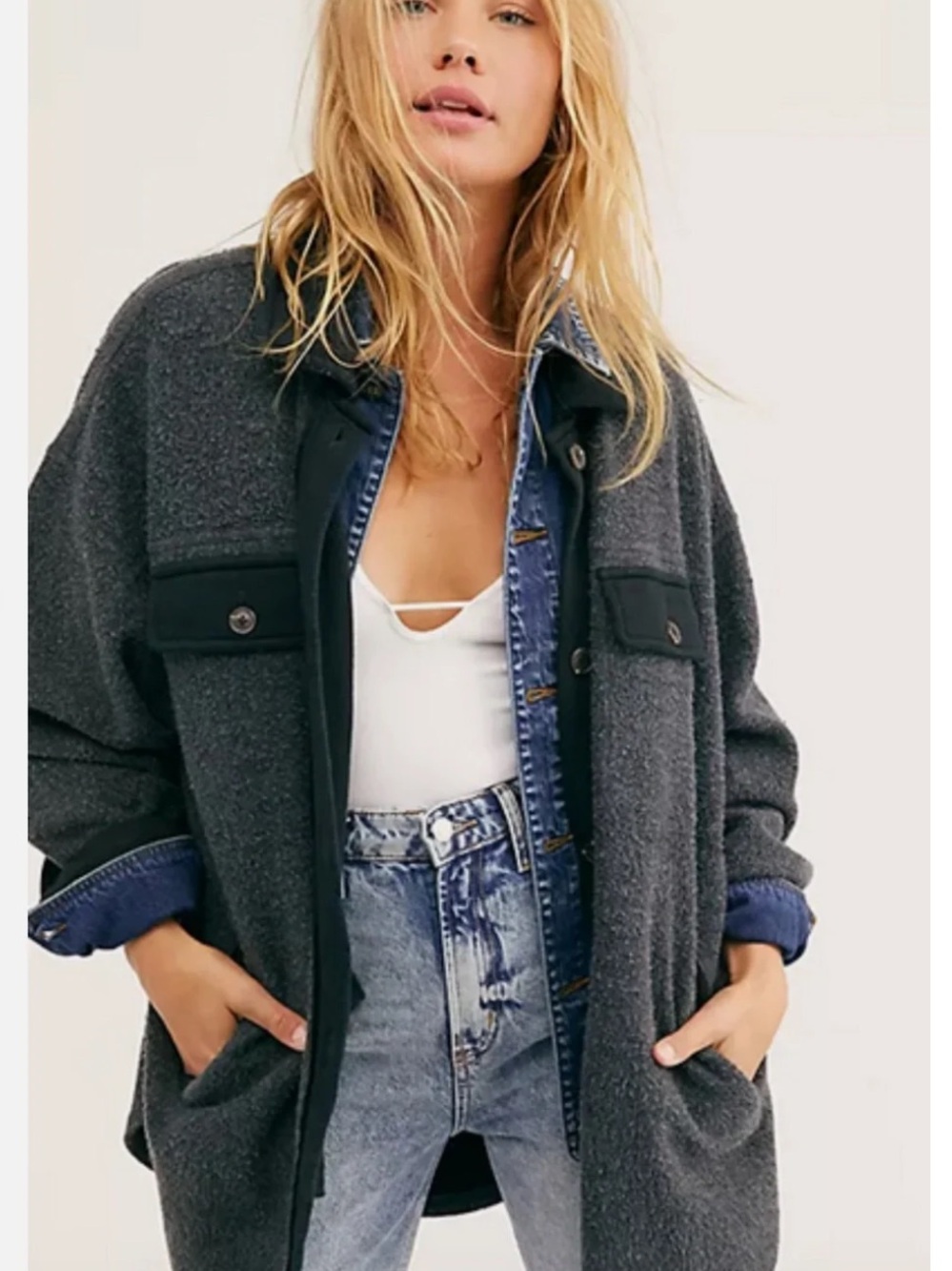 Free People Ruby Jacket in Incense Gray Oversized Slouchy Shacket Distressed